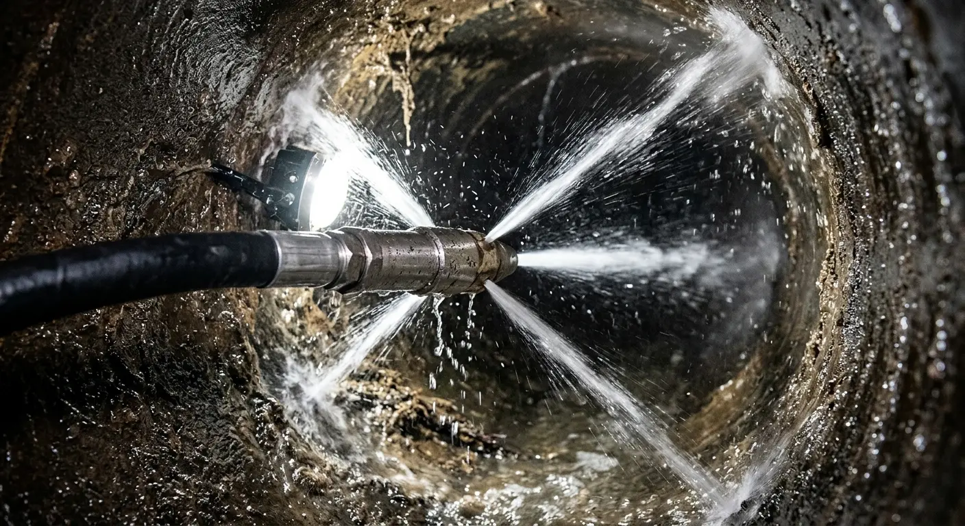 High-pressure hydro jetting nozzle cleaning sewer pipe for Sewer Line Relining in Westford