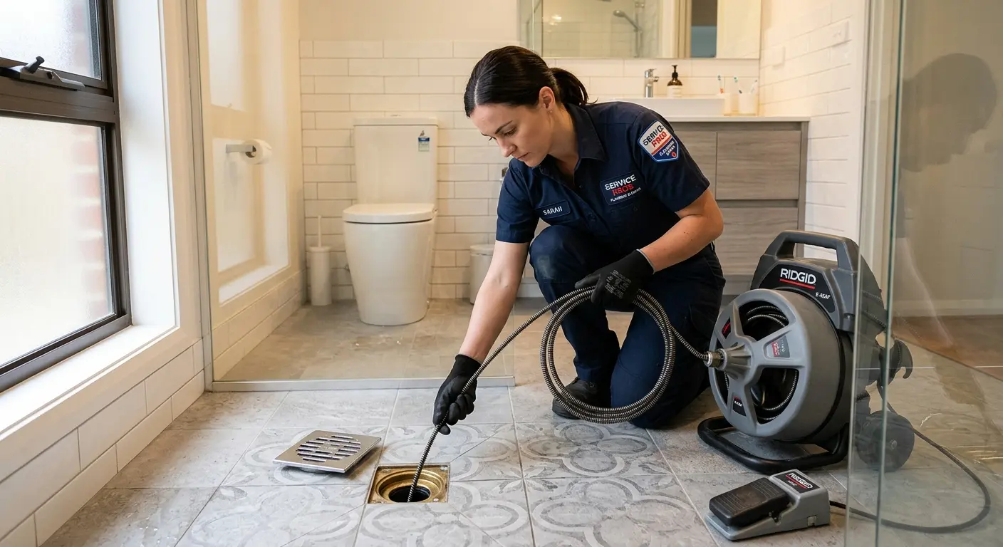 Technician clearing a bathroom floor drain for Sewer Line Installation in Westford